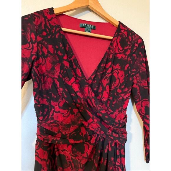 Ralph Lauren 4 Knee Length Crossover Dress Red Black Floral Victorian Cocktail - Picture 4 of 10